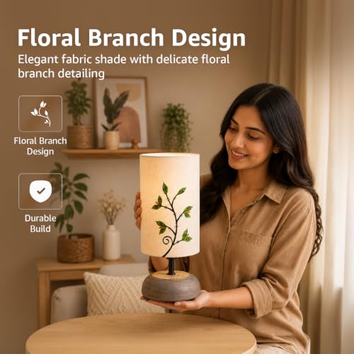 Image of Amazon Basics Twig & Leaf Table Lamp | Grey Base with Floral Branch Fabric Shade | E14 Holder | Decorative Night Lamp for Bedroom, Living Room & Study Room | Home Decor Gift