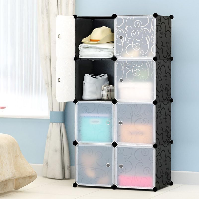 Image of Sunderlook Plastic Wardrobe for Kids Clothes - Professional Collapsible Wardrobe, Easy to Use Foldable Almirah, Plastic Cupboard for Kids for Home (Black-N5, 8 Door)