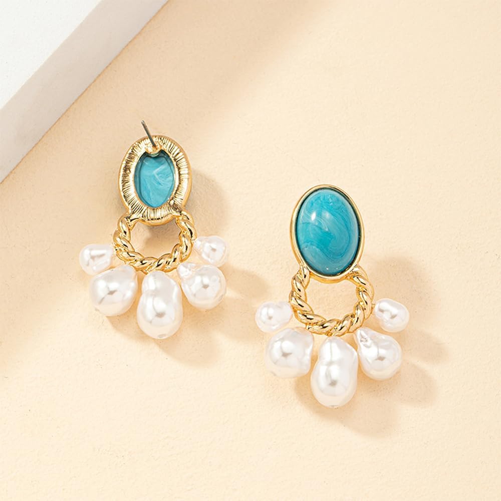 YERTTER Dainty Turquoise Faux Pearl Earrings Vintage Statement Dangle Earrings Pearl Tassel Drop Earrings for Women - Image 3