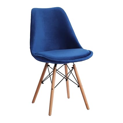 Finch Fox Eames Replica Nordan DSW Stylish Modern Cushion Velvet Side Dining Chair on Beech Wooden Legs in Dark Blue Color