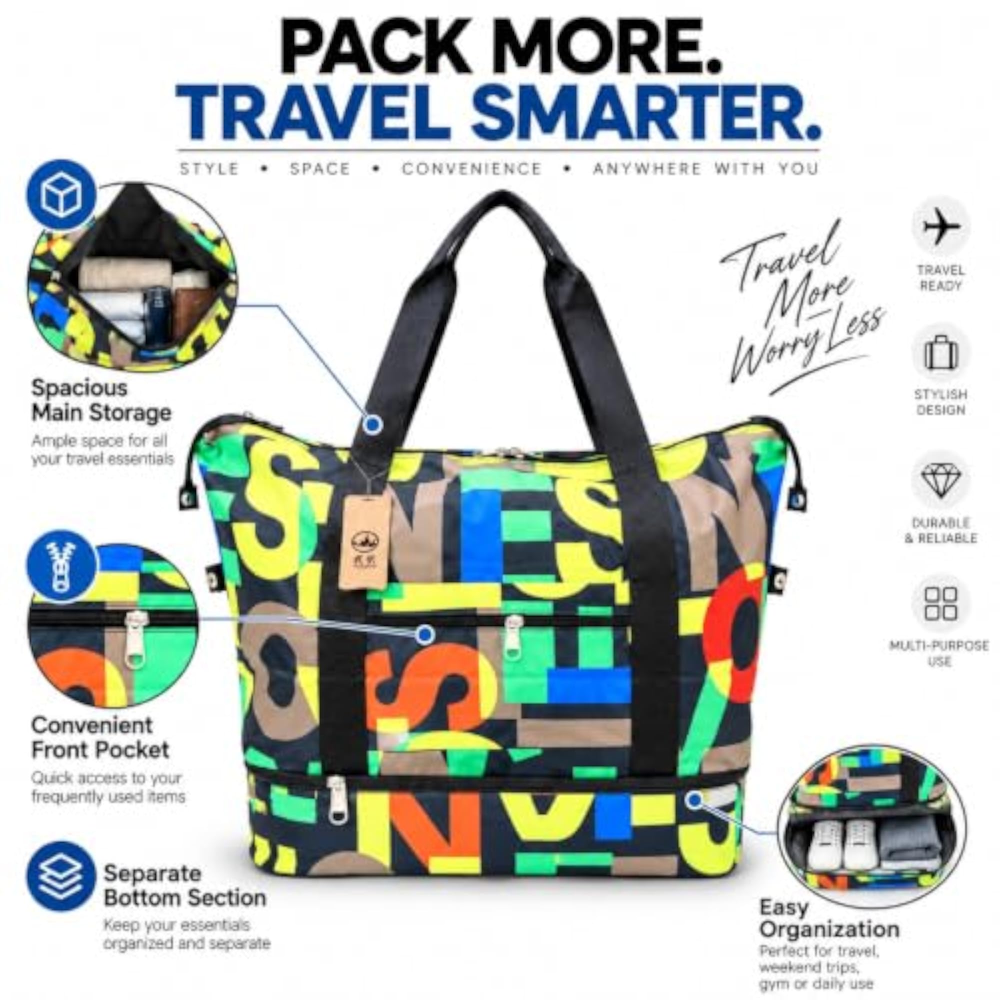 Unisex Travel Duffle Bag with Shoe Compartment, Weekender Bag