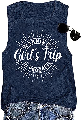 Image of Women Vacation Tank Tops Summer Warning Girls Trip in Progress Shirts Letter Printed Graphic Sleeveless Tee