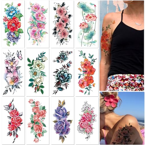 Rosymormor 12 Feuilles Fleurs Manche Tatouages Éphemere Femmes Filles, Faux Temporaires Tatouages Sexy Autocollants Réalistes, Roses, Lotus, Pivoines Fleurs...