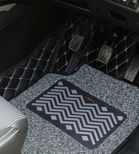 Image of NCEHEAL 7D Compatible with Volkswagen Virtus Custom Fitted Faux Leather 7D Antiskid Car Floor Mats - Black with Silver Thread