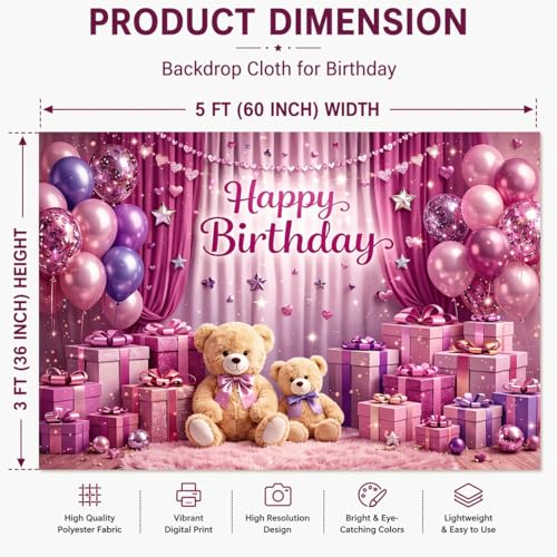 Image of Pink Birthday Backdrop Cloth 5x3 ft - Teddy Bear Theme Fabric Banner with Balloons & Gifts, Reusable Decoration Background for Kids Party & Photoshoot