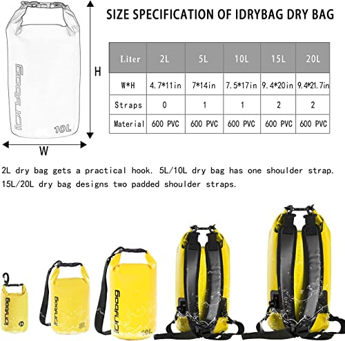 Image of IDRYBAG Dry Bag Waterproof Floating, TPU Waterproof Bag Roll Top, 2L,5L,10L Dry Bag Kayak Storage for Kayaking, Boating, Rafting, Fishing, Swimming, Hiking, Camping, Travel, Beach