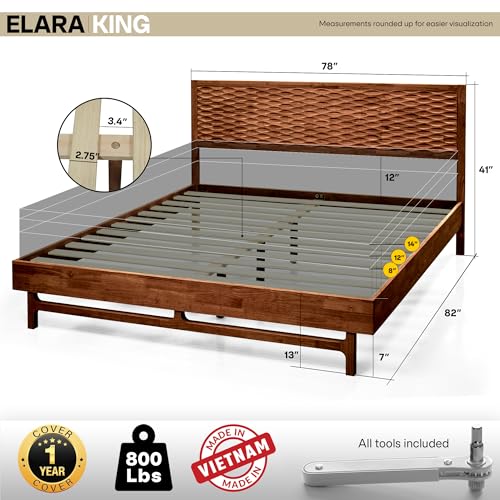 Image of Acacia Elara King Platform Bed Frame - Solid Wood Mid-Century Modern Bed with Headboard, Spearhead Grain, Walnut Finish, 800lbs Support, No Box Spring, Easy Assembly with Tools