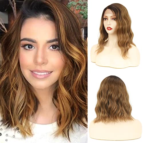 Mixed Ombre Blonde Wavy Lace Front Wig for Women Synthetic Dark Root to Blonde Color 12 inch Shoulder Length Side Parting Curly Bob Wigs Hand Tied Heat Resistant Replacement Wig with Natural Hairline