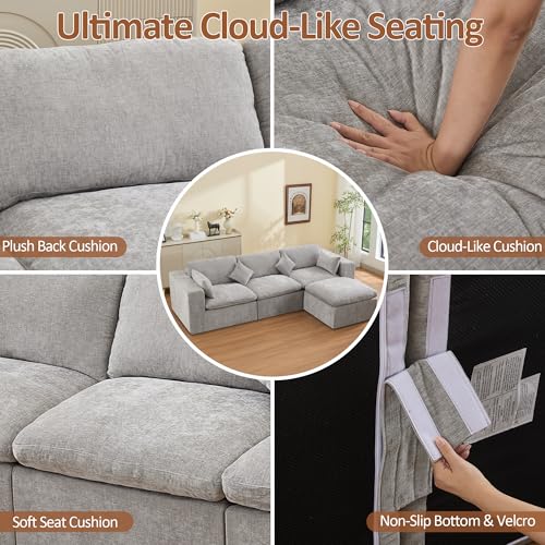 Image of 115''Cloud Boneless Sectional Couch, Modular Sectional Sofa Deep Seat with Ottoman, Oversized Upholstered Convertible Comfy 4 Seater Chenille Sofa L Shape Couches for Living Room, Light Grey