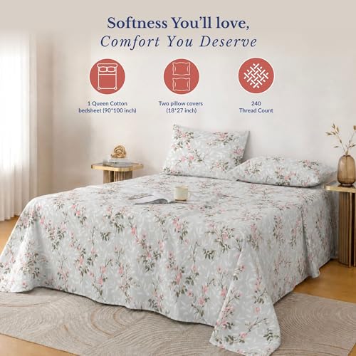 Image of Jaipur Weaves Double Bed Cotton Bedsheet Queen Size 90x100, 100% Pure Cotton Bed Sheet with 2 Pillow Covers, 240 TC Soft Breathable Floral Design - (Spring Tulips Grey, Queen)