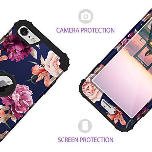 Iphone Se 2022 Case,Iphone Se 2020 Case,Casewind Floral 3 In 1 Heavy Duty Protection Hard Pc Soft Silicone Rugged Bumper Anti-Scratch Shockproof Hybrid Protective Case For Iphone Se 2020,4.7"Navy Blue #TOP1