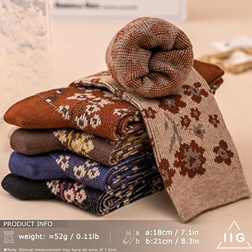Image of IIG 5 Pairs Womens Pretty Vintage Wool Socks Unique Print Design Soft Cozy Warm Crew Socks Christmas Gift