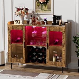 Liquor cabinet bar with power outlet led light wine bar cabinet with wine glasses rack home coffee bar cabinet buffet sideboard with storage shelf for kitchen dining room rustic brown  urban country home decor