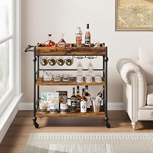 GAOMON Bar Cart, 3 Tier Bar Cart with Wheels, Rolling Cart with Wine Rack and Glasses Holder, Industrial Serving Cart with Removable Tray for Kitchen, Living Room, Dining Room - Rustic Brown GAOMON Bar Cart 3 Tier Bar Cart with Wheels Rolling Cart with Wine Rack and Glasses Holder Industrial Serving Cart with Removable Tray for Kitchen Living Room Dining Room Rustic Brown