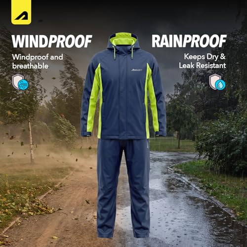 Image of Boldfit Rain Jacket for Men Waterproof Unisex Rain Coat and Pant Set, Raincoat Jacket, Easy Adjustable Rainwear Top and Bottom Set, Waterproof Bike Riding, Navy Yellow, M-L (1 Pair)