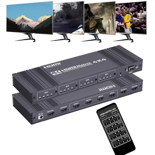 4x4 HDMI Matrix Switch, 4K HDMI 4 in 4 Out Switch Box con IR Remote Control, 3 Modos, Soporta Control RS232, Ultra 4K@60Hz, 3D, HDCP 2.2