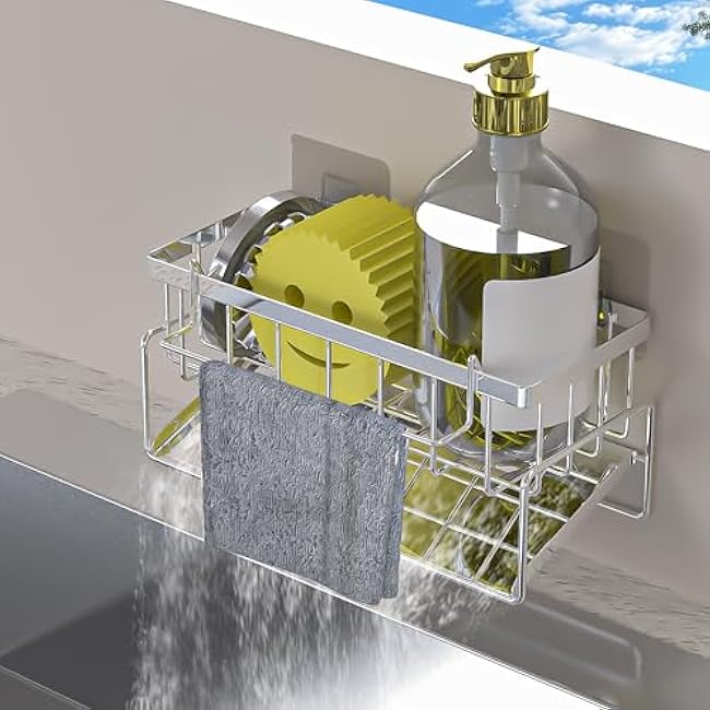 Sponge Holder for Kitchen Sink, Sink Caddy Organizer,Kitchen Essentials for Countertop-Self Drain Sponge Rack,Soap Dispenser Storage,Rustproof Stainless Steel,High Brush Holder,Grey