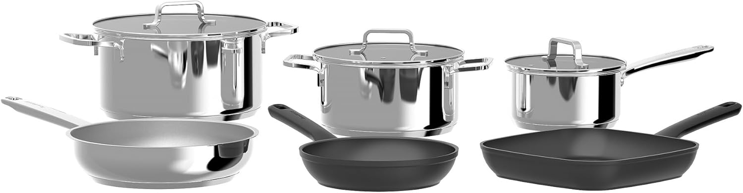 BergHOFF Helix Set of 9 Cookware Set With Glass Lids, Nonstick Pans Recycled Material Induction Pots and Pans Scratch-resistant Oven Safe