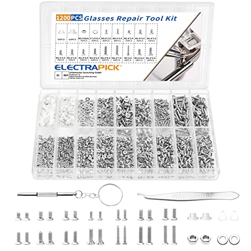 ELECTRAPICK 1200 Stück Brillenschrauben Reparatur Set, kleinen Schrauben Uhr Werkzeugsatz für Brille Uhren Laptop Schmuck Mini Schrauben mit Schraubendreher & Pinzette Cover