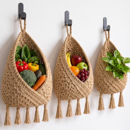 Image of Honeydak 3 Hanging Baskets, Light Linen, Triangular Tassel, Jute