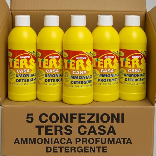TERS Casa Ammoniaca Profumata Detergente Multiuso – 5 Confezioni da 1 L – Sgrassante Igienizzante per Vetri, Ceramica e Superfici Dure – Lucida, Pulisce e Deodora