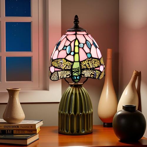 Stained-Glass Tiffany Mushroom Table Lamp (12.5in, Pink Dragonfly)