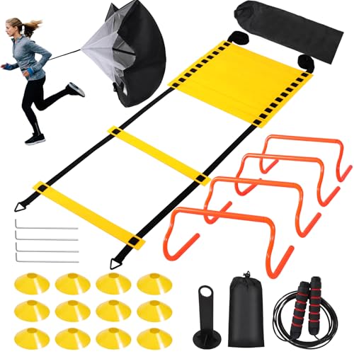 REDCAMP Fußball Trainingszubehör Kinder beinhaltet Agility Leiter, Sprung Seil, Agility Hürden, Disc Cones, Fußball Training Ausrüstung mit Tasche für Junge Erwachsene