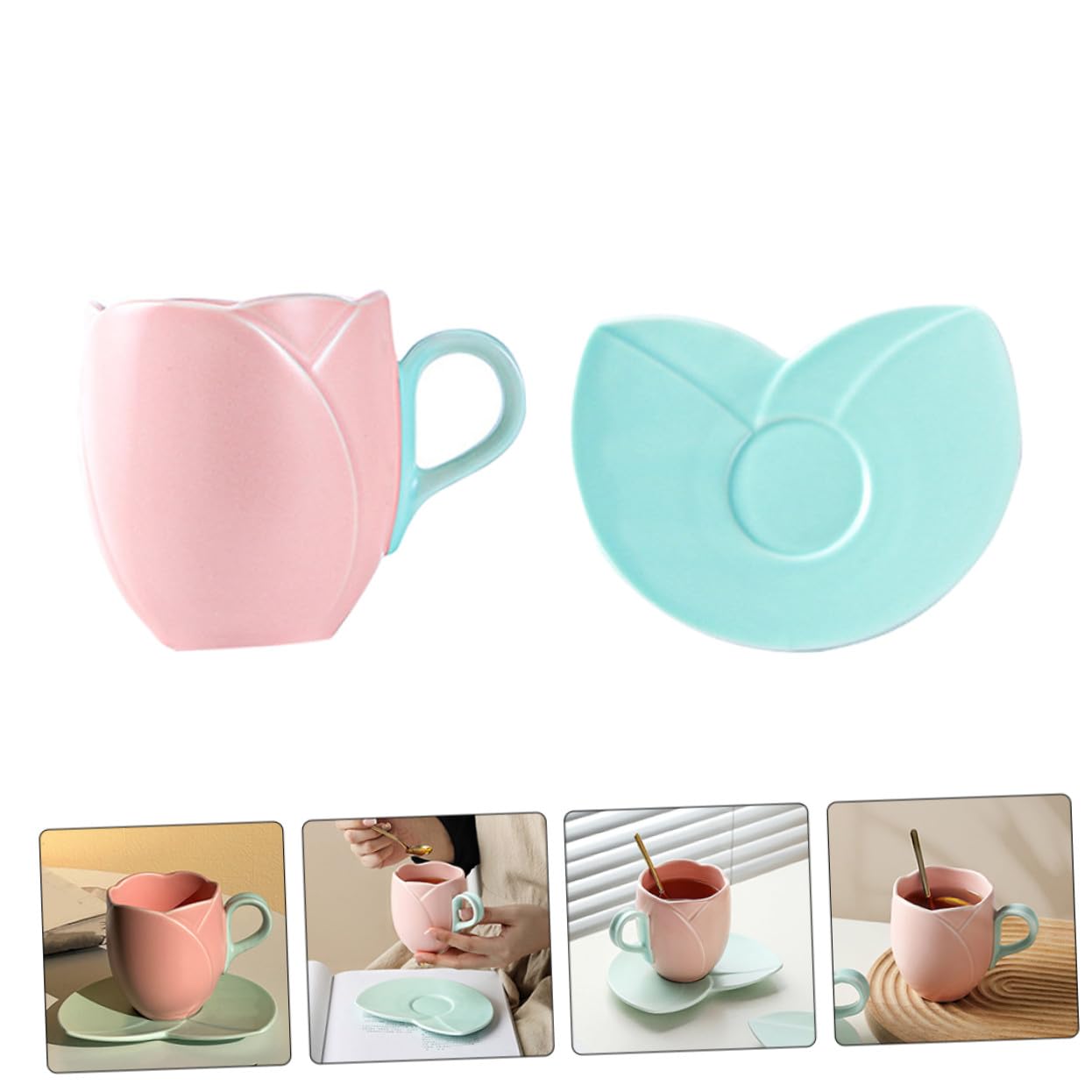 BESTYASH Taza de Café de Cerámica con Platillo Taza de Tulipán Rosa para Desayuno de Agua con Asa para Beber de Leche para Hogar