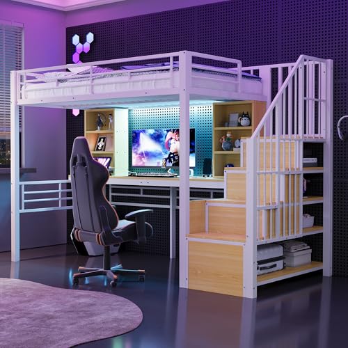 Cama alta de 90 × 200 cm, con estante, escritorio, enchufe europeo e iluminación LED, escalera de almacenamiento integrada (izquierda/derecha), rejilla de protección alta, cama individual, marco de