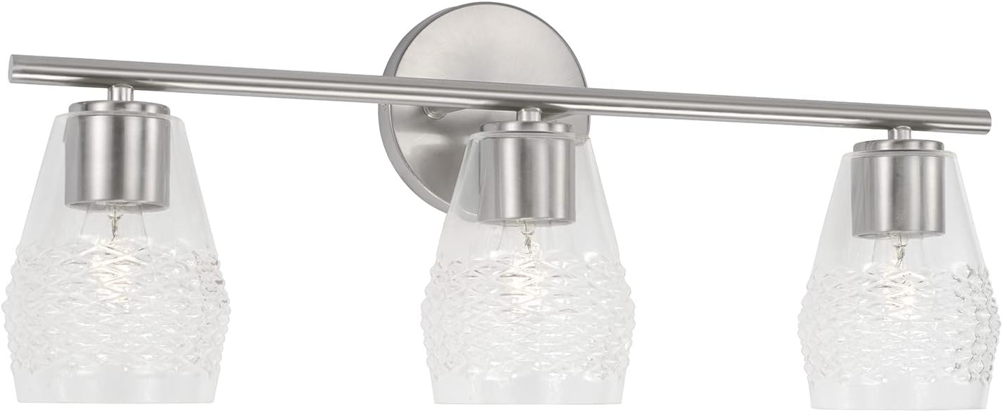 Capital Lighting 145031BN-524 Dena Transitional Diamond Embossed Glass Vanity Lights for Bathroom, 3-Light 300 Total Watts, 10" H x 23" W, Brushed Nickel