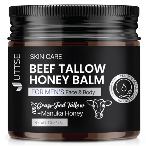 Uttse Men's Beef Tallow for Skin Care:100% Grass-Fed Beef Tallow Face Moisturizer For Men - Tallow and Honey Balm With Olive Oil Manuka Honey For Sensitive Dry Skin Repair 1.7 oz