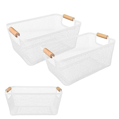 2Pack Metal Mesh Steel Basket with Bamboo Handle - Wire Metal Basket for Kitchen Organization, 12' Wide Food Organizer Bin, Perfect for Organizing Bulk Pantry (WHITE)
