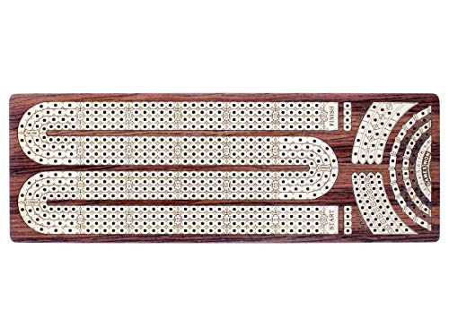 Tablero y caja de cribbage continuo House of Cribbage, incrustado en palisandro y arce: 4 pistas, cajones laterales con campos para marcar skunks, esquinas y partidas ganadas miniatura 7