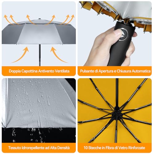 Tecknet Ombrello Pieghevole Antivento, Grande Portatile Pioggia Da 10 Ossa, Automatico Viaggio Umbrella Doppio Baldacchino Antivento Impermeabile Per Uomo Donna, Diametro 104 Cm, Argento E Giallo - 4