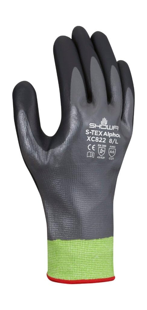 SHOWA S-TEX Alpha XC822 Cut Resistant Work Gloves, 18-Gauge Seamless Knit Tungsten Yarn, Full Nitrile Coating, ANSI Cut A6 High Dexterity Safety Gloves, Large, 12-Pack