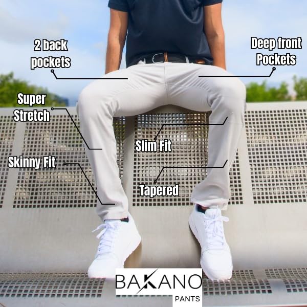 BAKANO Men's Skinny Slim Fit Stretch Pants Mid Rise with Flex Waist and 5 Pockets for Golf and Casual Wear Come in 3 Lengths2