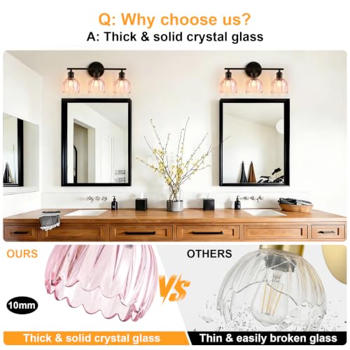Image of Bathroom Light Fixtures, 3-Light Brushed Black Vanity Lights for Bathroom with Pink Tulip Glass Shade, 20 inch Vintage Bathroom Vanity Lighting Fixtures Over Mirror for Bedroom Living Room Hallway