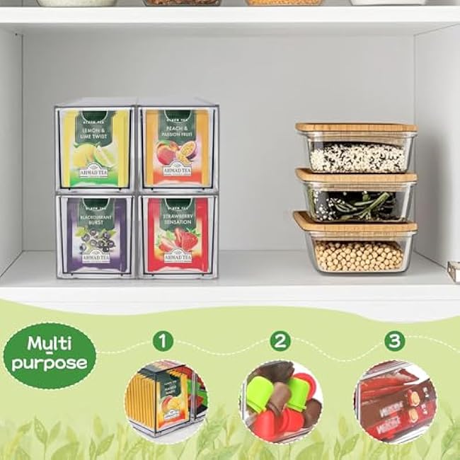 4 Pack Acrylic Tea Bag Organizer Drawers, Stackable Plastic Tea Packet Organizers for Kitchen Pantry Cabinet, 3 x 6.5 x 3.9 Tea Bag Organizer for Counter