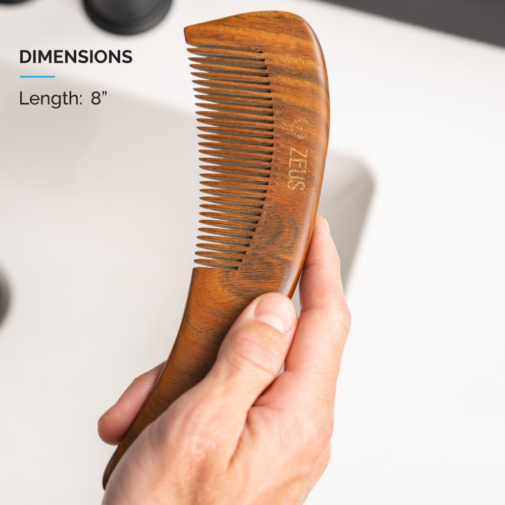ZEUS Peine de barba de sándalo grande Boomerang en vaina de cuero, peine de pelo de madera orgánica natural - M31