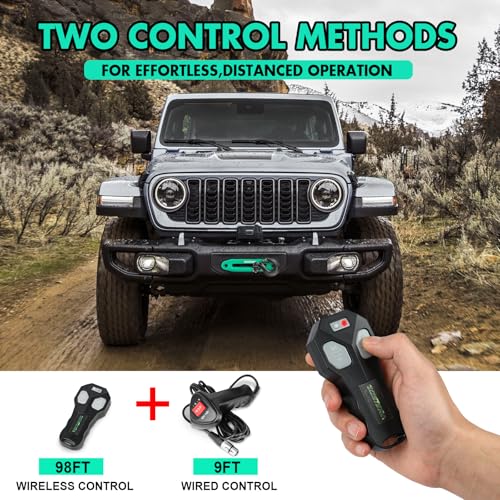 Image of 13500LB Winch Waterproof Electric Black Synthetic Rope 12V Winch, with 1 Wireless Remote & Wired Manual Switch,Manual Power Switch and Handle Extension Cable,Cyan Hawse Fairlead and Hook