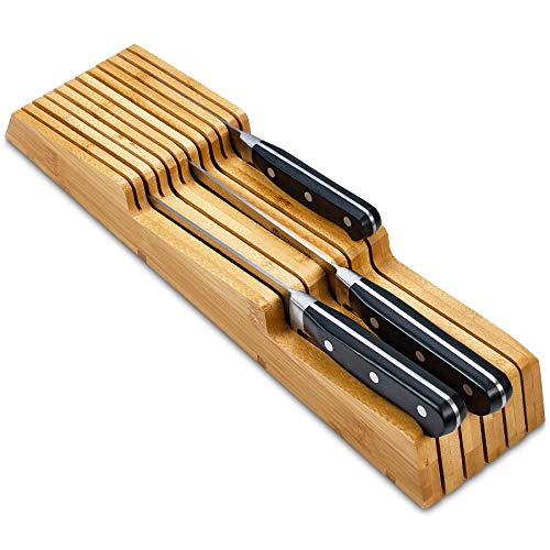 Bamboo In Drawer Knife Holder 6 slots - Knife Block Organizer for Large