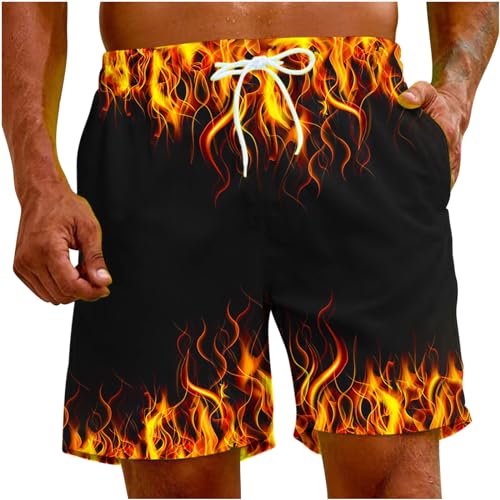 Men's Bathing Suits Trunks Fashion 3D Flame Print Drawstring Swimming Trunk with Pockets Loose Fit Beach Board Shorts3