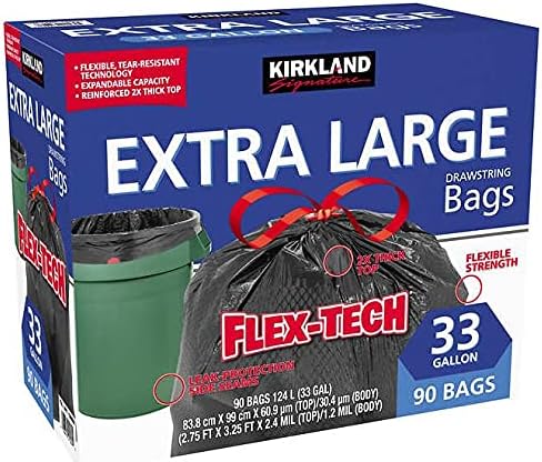 Kirkland Signature Flex-Tech 33-Gallon Extra Large Drawstring Trash Bags, 90-count (90-Pack)