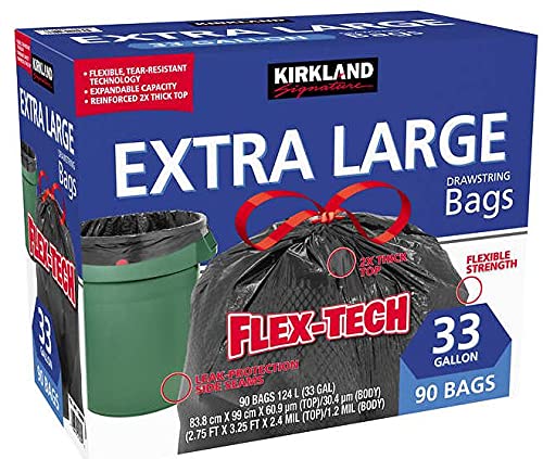 Kirkland Signature Flex-Tech 33-Gallon Extra Large Drawstring Trash Bags, 90-count (90-Pack)