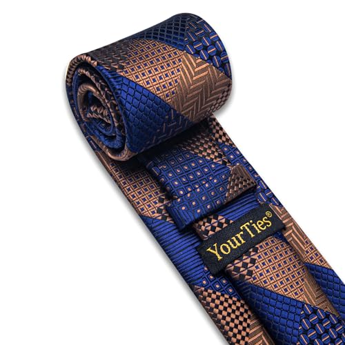 Image of YourTies Striped Plaid Ties for Men Silk Formal Necktie Set | 3.15 inch(8cm) Woven Jacquard Mens Ties with Necktie Pocket Square Cufflink Tie Clip Lapel Pin for Wedding Business Party