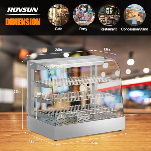 Image of ROVSUN 26 inch Commercial Food Warmer Display Pizza Warmer, 3-Tier Electric Countertop Food Warmer w /LED Lighting Adjustable Removable Shelves Glass Door, Pretzel Warmer for Buffet Restaurant, Silver