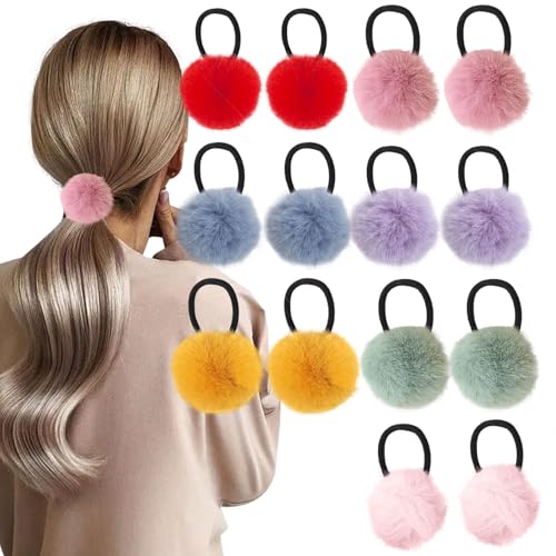 14PCS Plush Pom Pom Hair Ties - Velvet Elastic Scrunchies, Furry Faux Ponytail Holders for Women & Girls