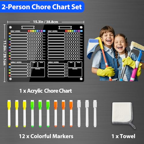 Image of PigPotParty 2-in-1 Acrylic Magnetic Chore Chart for 2 Kids, Large 16x12 in