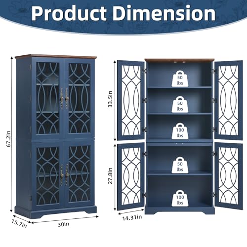 Image of Joaxswe 67 inch Tall Pantry Cabinet, Wood Kitchen Pantries Cabinets with Glass Doors & Adjustable Shelves, Freestanding Vintage Cupboard with Large Storage for Dining Room, Bathroom, Navy Blue