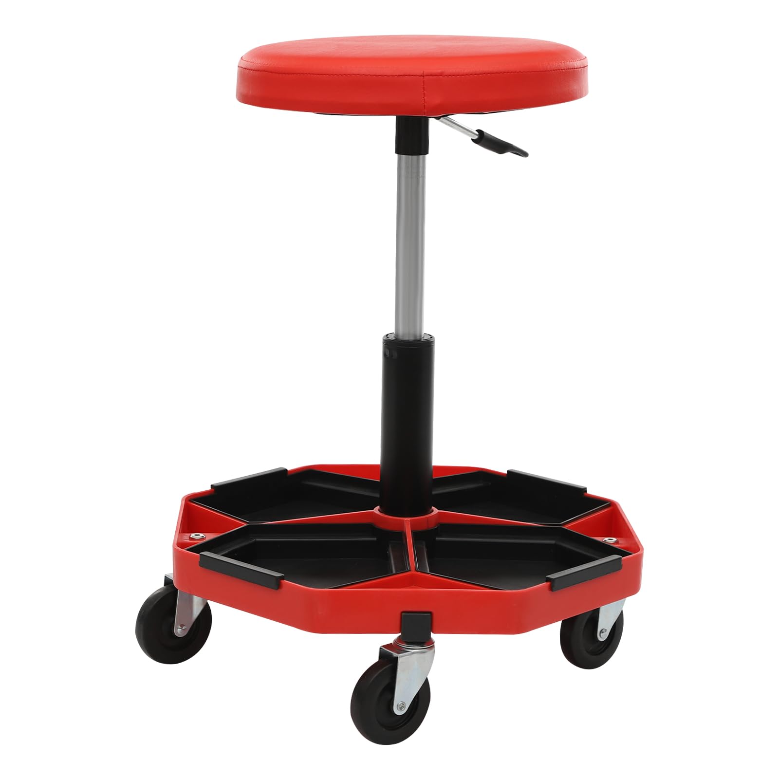 Sgabello da officina, regolabile in altezza, 45-61 cm, portata 150 kg, diametro 43 cm, con ripiano per attrezzi, sedia da lavoro (rosso, nero)